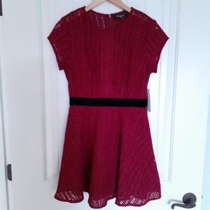 NEW Lulus Twirling It Burgundy Crochet Lace Short Sleeve Skater Dress Size M